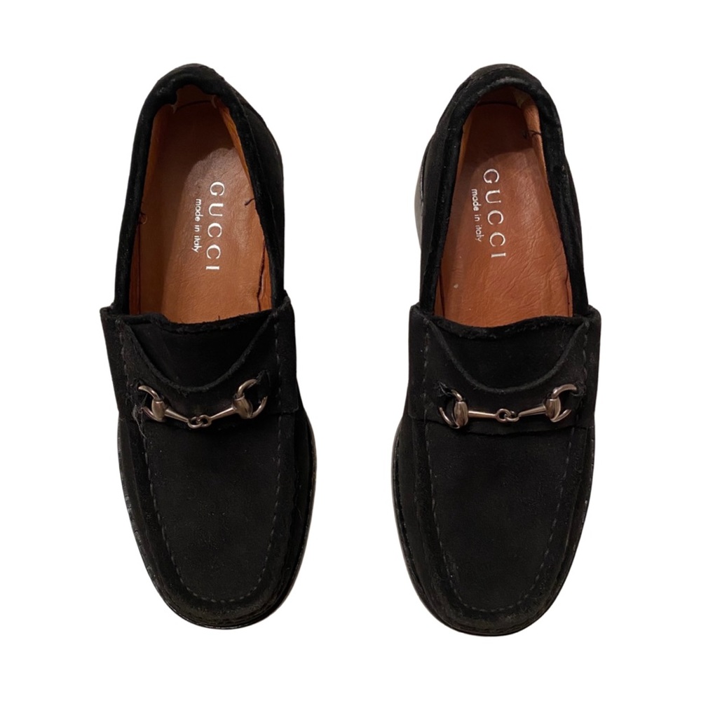 Authentic Gucci Horsebit Suede Black Chunky  Log Sole Loafers Size 4.5